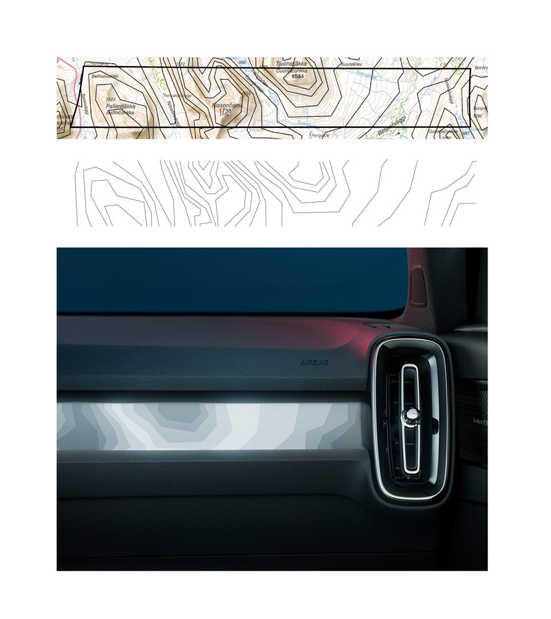 The graphics on the Volvo C40's dashboard and front door panels are  directly inspired by the